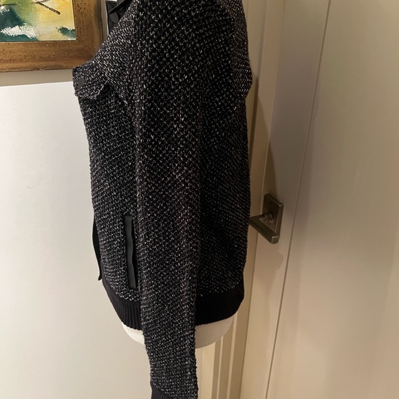 Rag & Bone button up black and white knit jacket with leather collar and cuffs - Picture 4 of 13